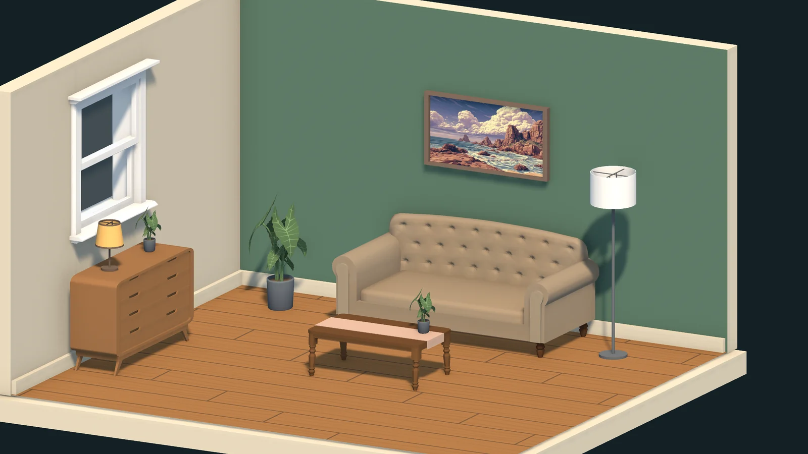 Sage living room with a sofa, coffee table, plants and window.