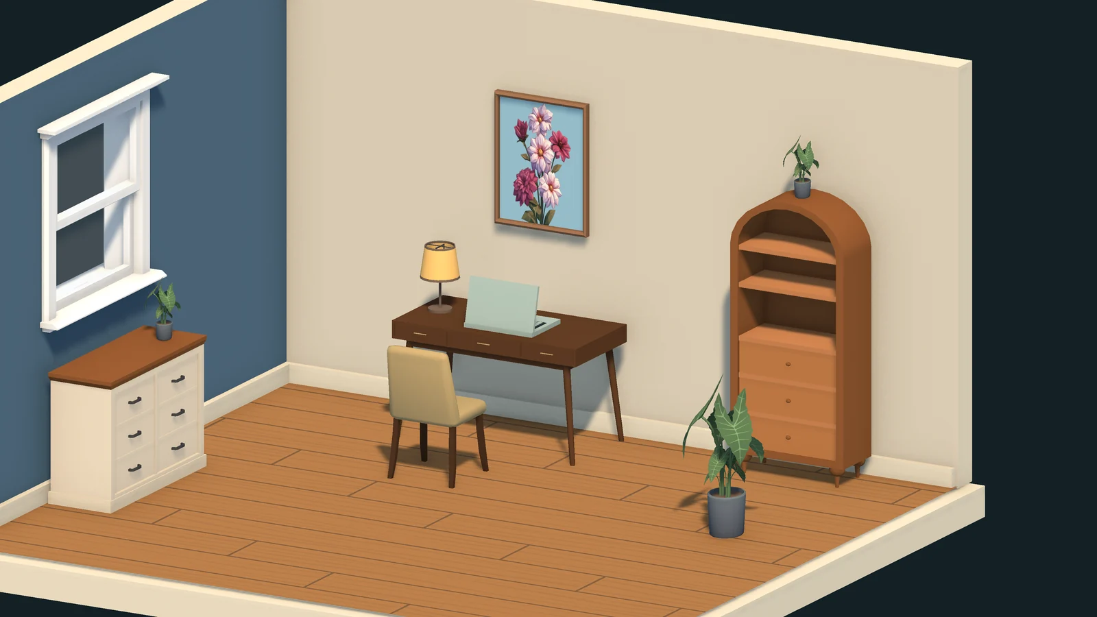 Desk with a laptop, bookcase and blue accent wall.