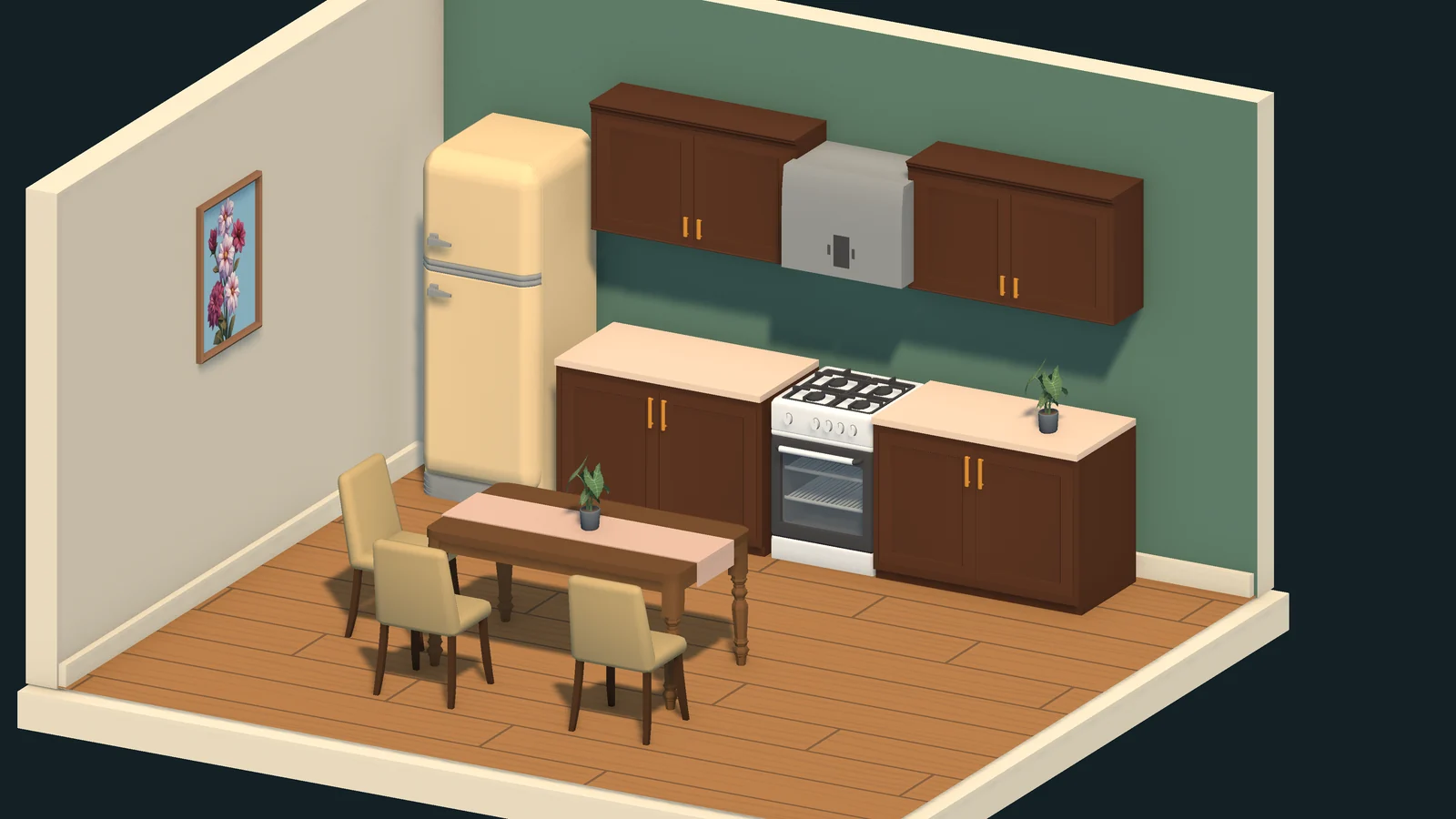 Wooden kitchen with a cream fridge and dining table.